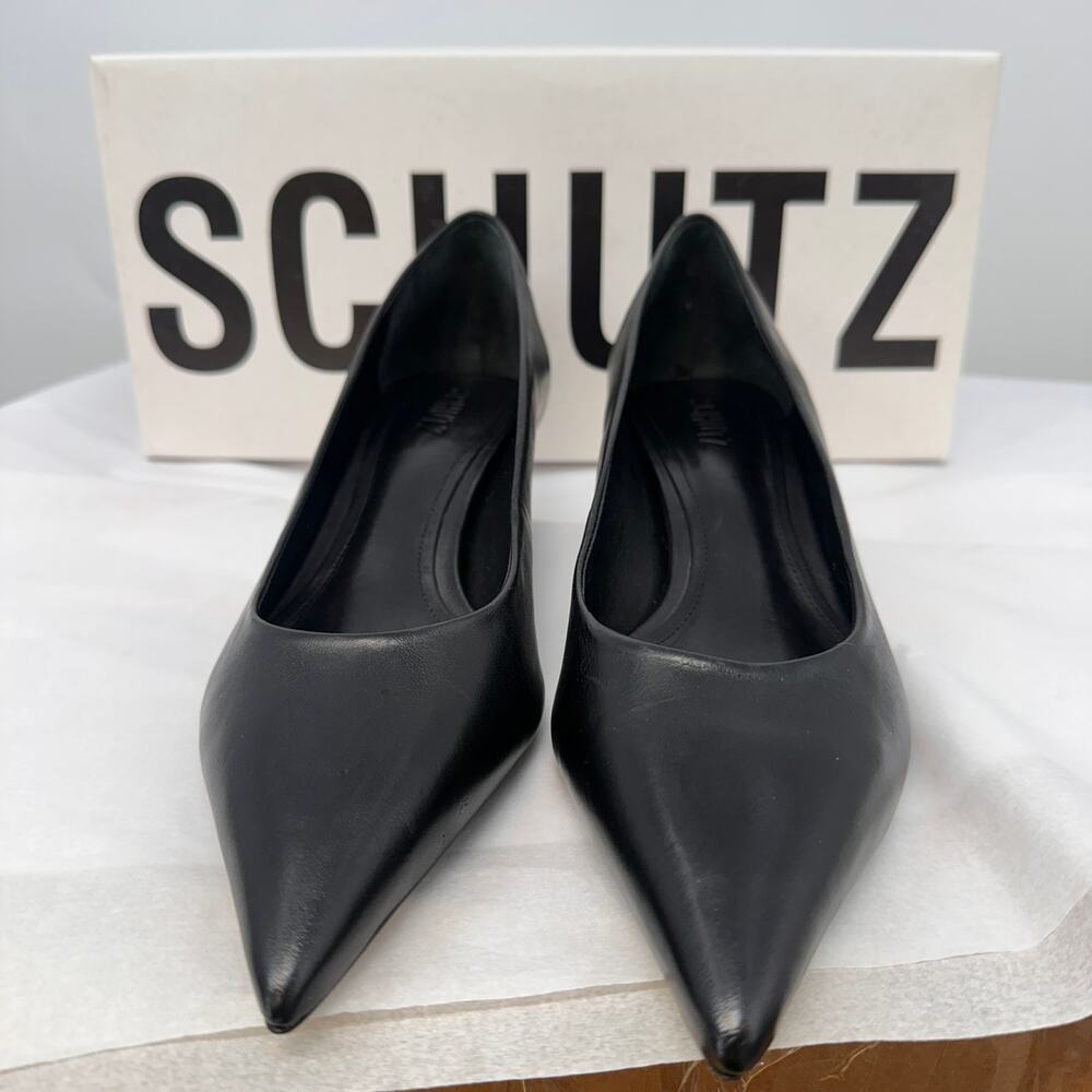 SCHUTZ New in Box Lou Mid Curve Pump Heel Black Leather with Gold Heel // 8 - Picture 5 of 11
